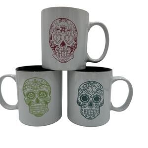 Sugar Skull Day of the Dead Mugs Set of 3, 8 oz Pink Lime Teal